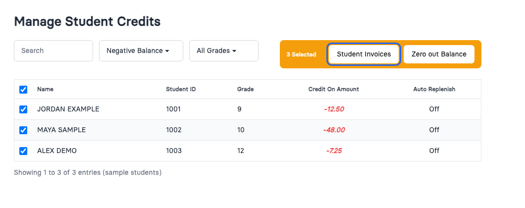 Student Credits list with three students ticked and the Student Invoices button