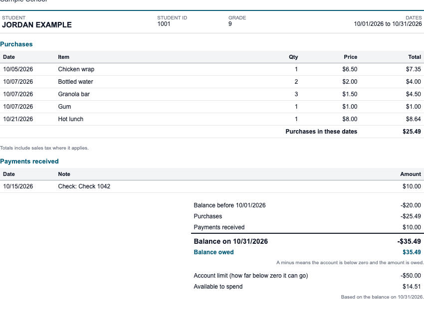 Statement for a student who owes $35.49