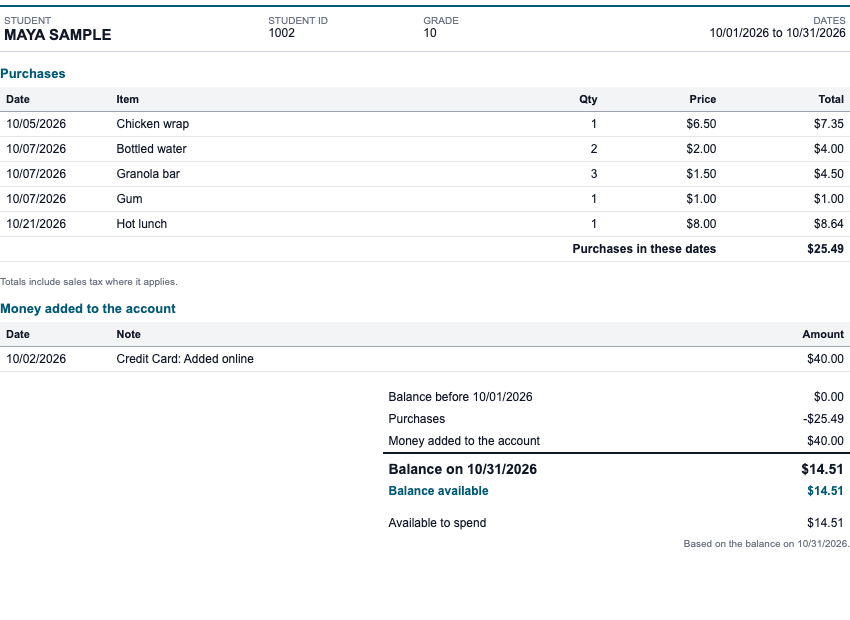 Statement for a prepaid student with a balance available