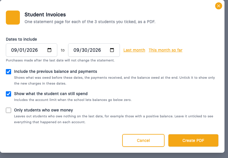 The Student Invoices window with dates and three options